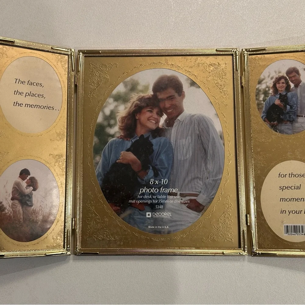 Vintage gold brass metal‎ picture frame trifold embossed detail